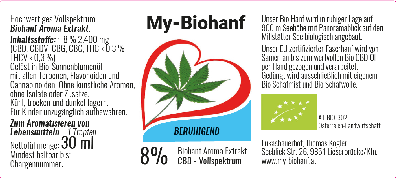 8%  BERUHIGEND                                                                                                                                  CBD Biohanf  Aroma Extrakt 2.400 mg  Vollspektrum 30 ml OHNE ISOLATE