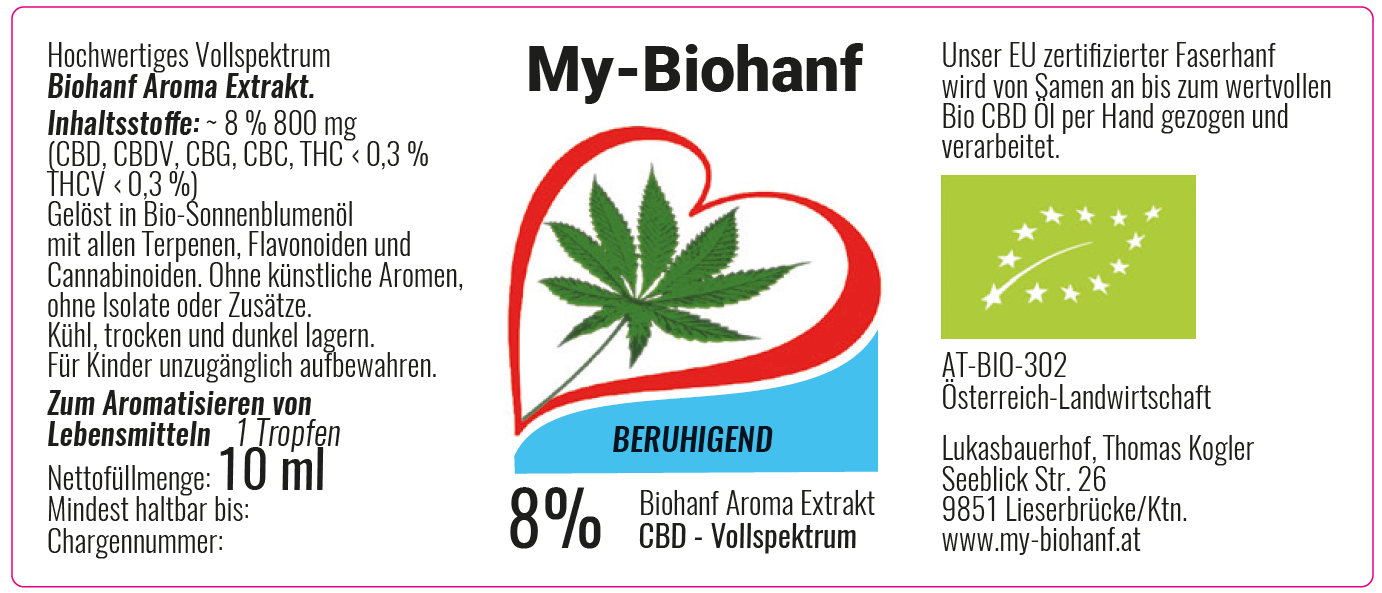 8 %  BERUHIGEND                                                                                                                                  CBD Biohanf  Aroma Extrakt 800 mg  Vollspektrum 10 ml OHNE ISOLATE 
