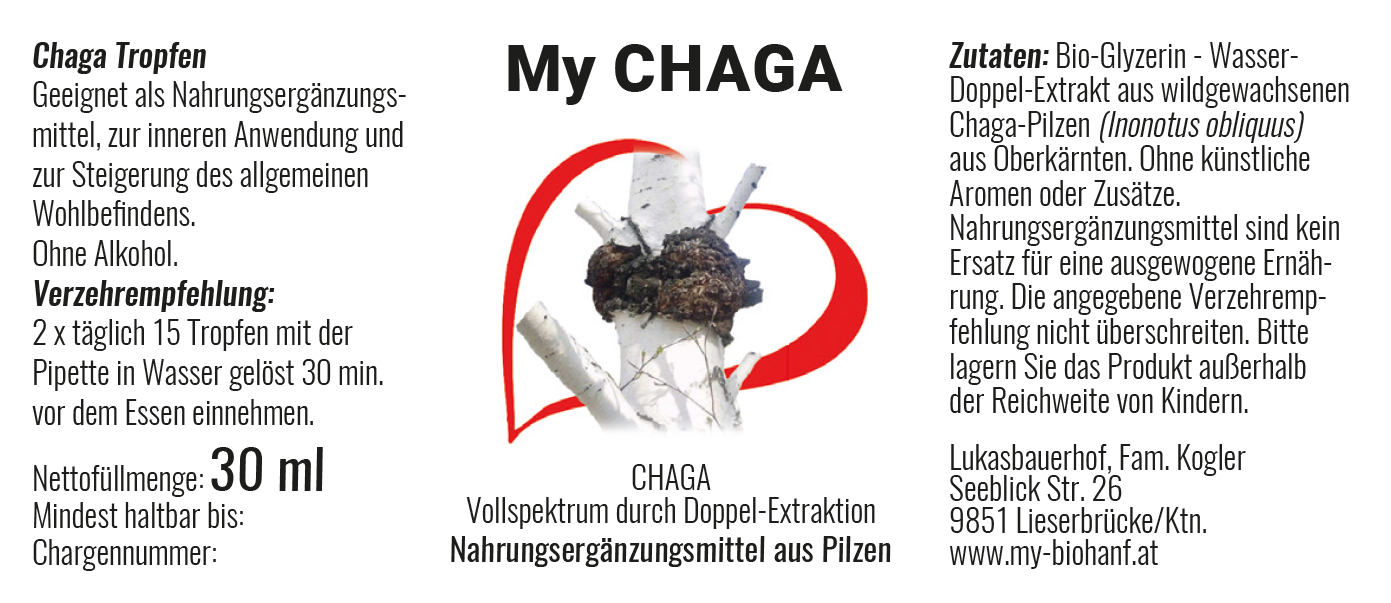My Chaga Nahrungsergänzungsmittel aus wildgewachsenen Chaga-Pilzen aus Oberkärnten 30 ml